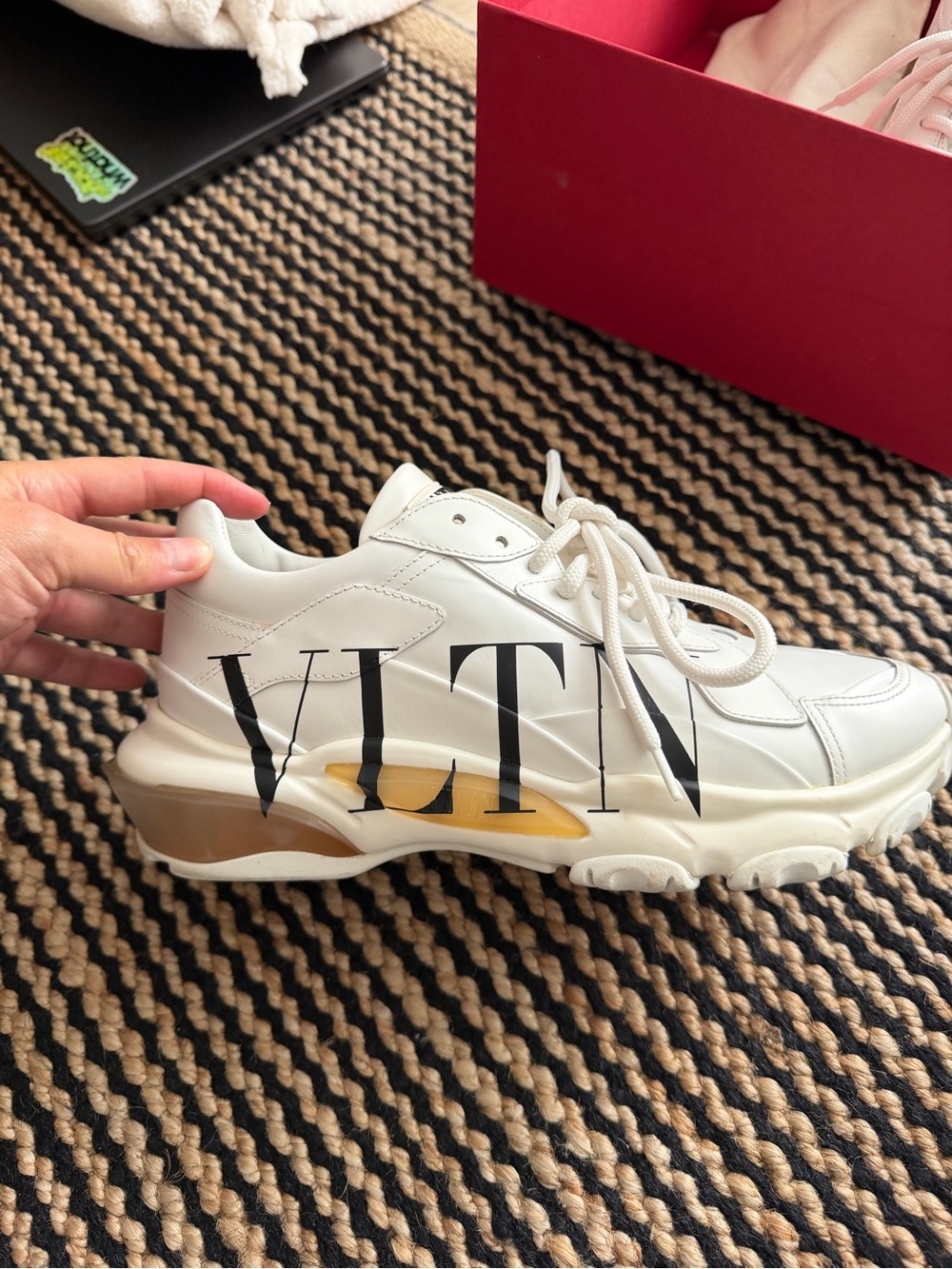 Valentino Garavani White Leather VLTN Logo Sneakers with Yellow Accent